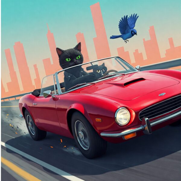 Whimsical Cat Chase - Modern AI Art Print (Cat Driving)